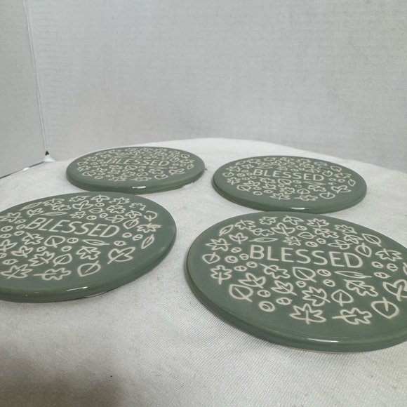 Set of 4 Sage Green Ceramic “Blessed” Coasters by Holiday Home. “Harvest” (2-A) - Picture 5 of 5